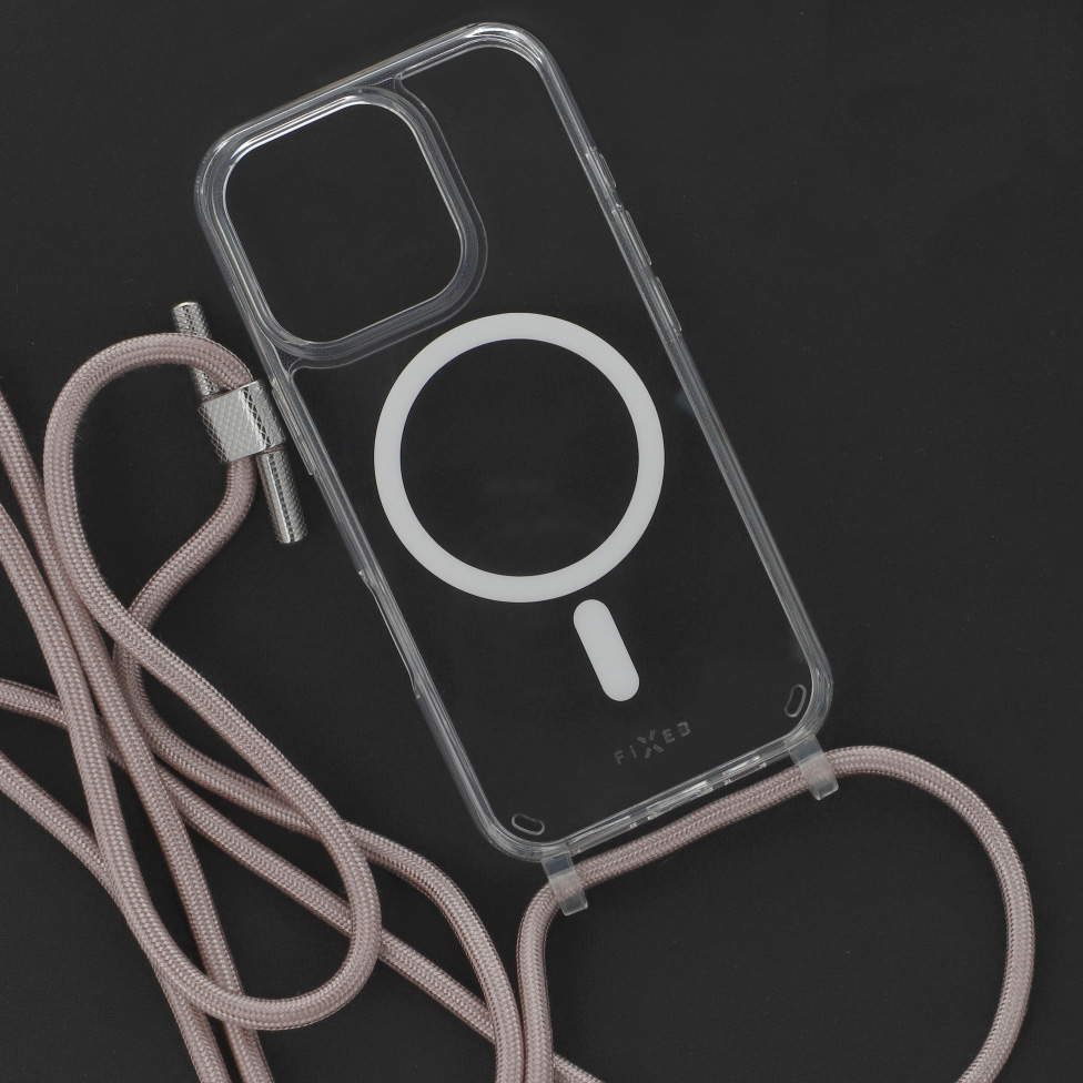 Etui ze smyczą FIXED MagPure Neck do MagSafe z dodatkowym filtrem anty UV do iPhone 16 Pro, różowe